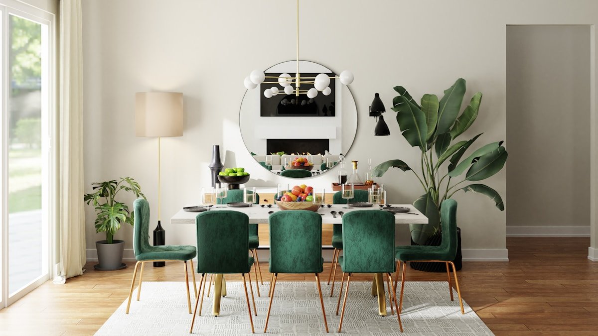 Contemporary dining chairs in a styled dining room