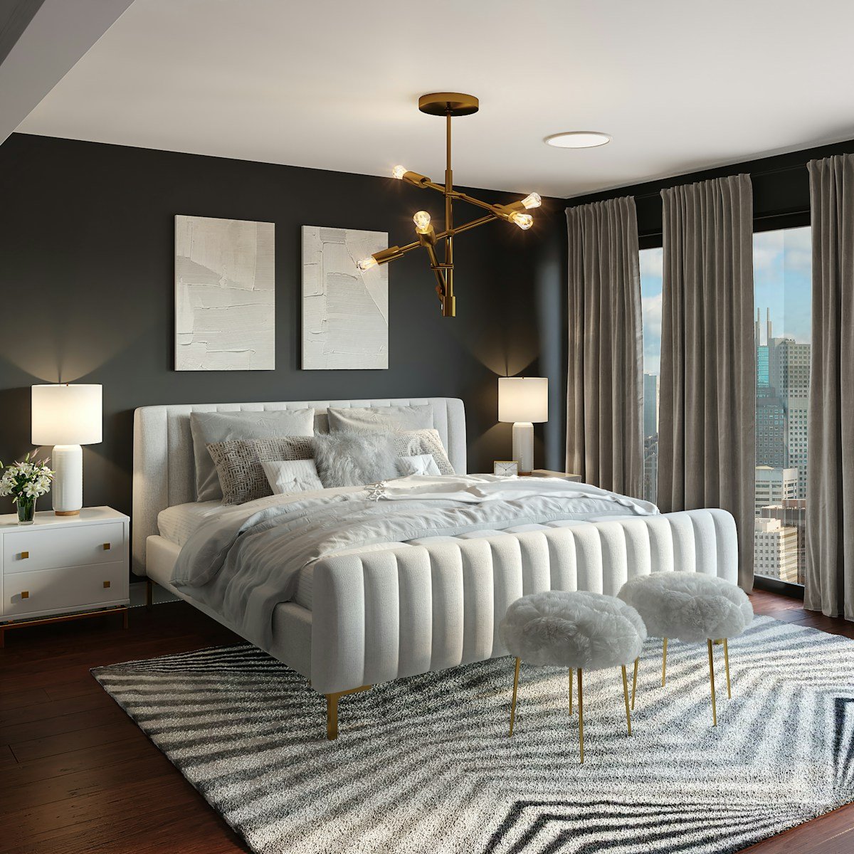 Warm bedroom interior styling with custom furniture